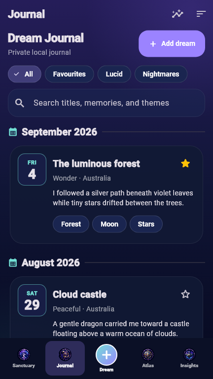 DreamAtlas journal with search, filters and example dream entries